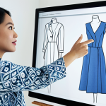 A professional female Malaysian fashion designer, fully clothed in a modest yet stylish contemporary business dress with subtle batik-inspired patterns, standing confidently in a bright, minimalist design studio. She is gesturing towards a large interactive digital screen displaying a sleek fashion portfolio with process sketches and finished designs. The setting emphasizes innovation and professional presentation. safe for work, appropriate content, fully clothed, professional, perfect anatomy, correct proportions, natural pose, well-formed hands, proper finger count, natural body proportions.