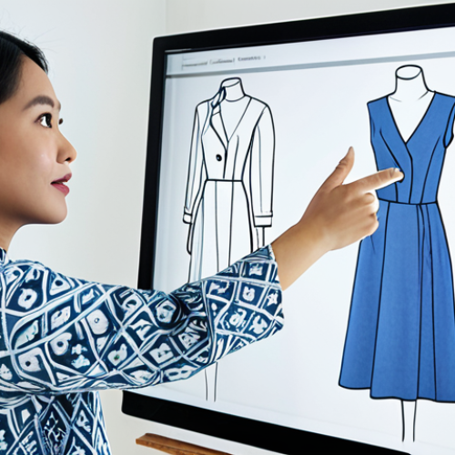 A professional female Malaysian fashion designer, fully clothed in a modest yet stylish contemporary business dress with subtle batik-inspired patterns, standing confidently in a bright, minimalist design studio. She is gesturing towards a large interactive digital screen displaying a sleek fashion portfolio with process sketches and finished designs. The setting emphasizes innovation and professional presentation. safe for work, appropriate content, fully clothed, professional, perfect anatomy, correct proportions, natural pose, well-formed hands, proper finger count, natural body proportions.