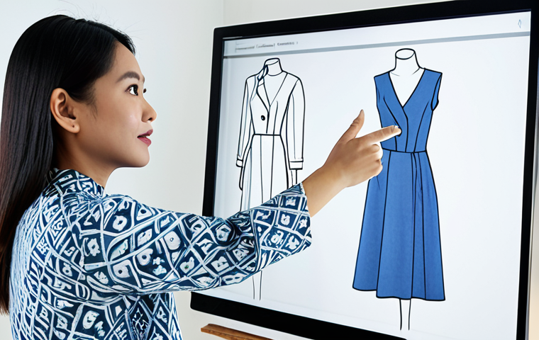 A professional female Malaysian fashion designer, fully clothed in a modest yet stylish contemporary business dress with subtle batik-inspired patterns, standing confidently in a bright, minimalist design studio. She is gesturing towards a large interactive digital screen displaying a sleek fashion portfolio with process sketches and finished designs. The setting emphasizes innovation and professional presentation. safe for work, appropriate content, fully clothed, professional, perfect anatomy, correct proportions, natural pose, well-formed hands, proper finger count, natural body proportions.